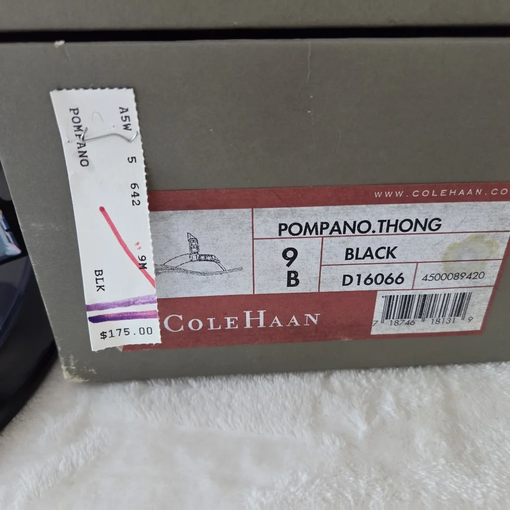COLE HAAN Pompano Black Leather Jewel Accents Thong Sandals SZ 9B